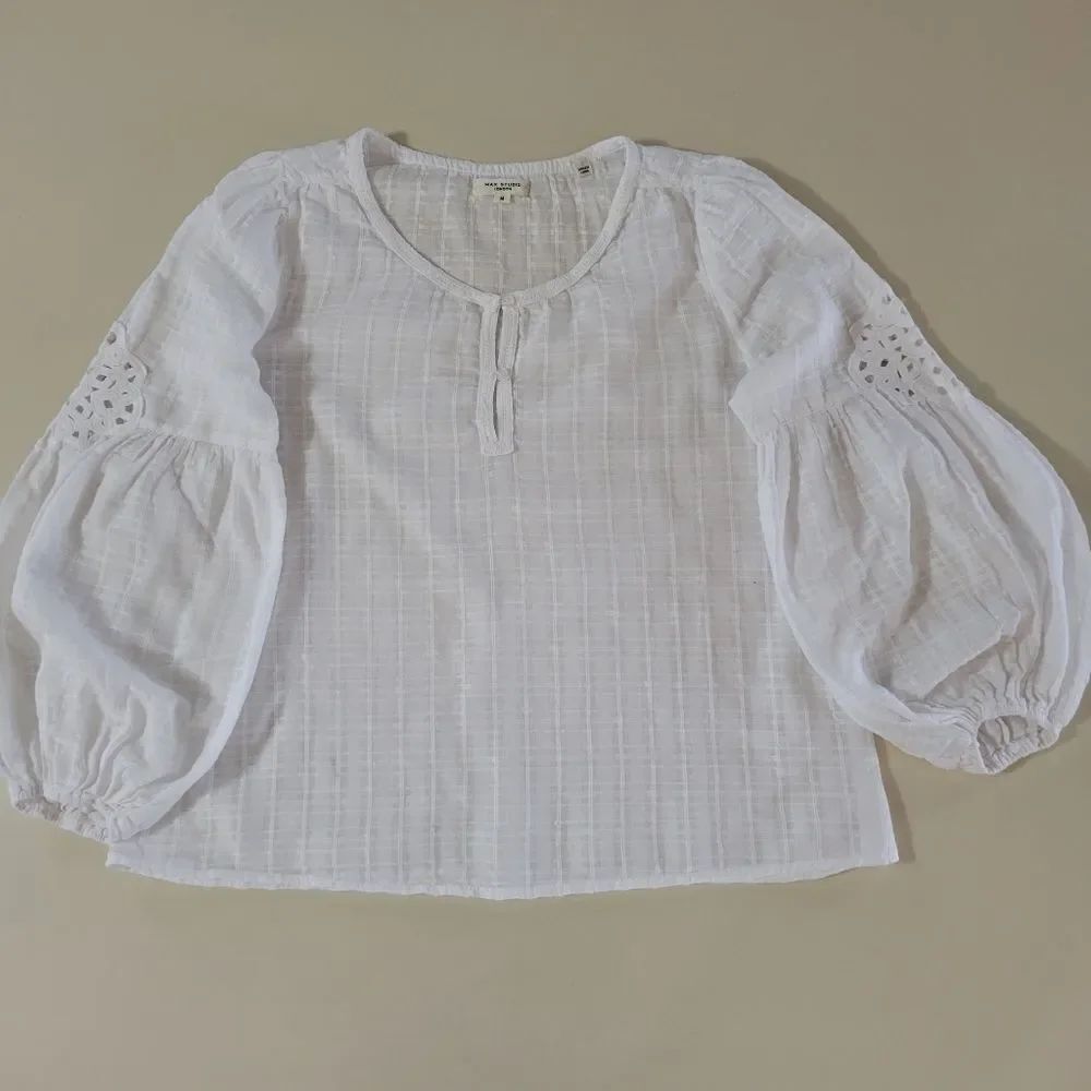 Max Studio Women's White Top with Lace Insert Balloon Sleeves